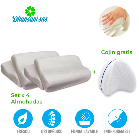 Set de 4 almohadas ortopédica visco-smart con memoria cervical + obsequio cojín entrepierna